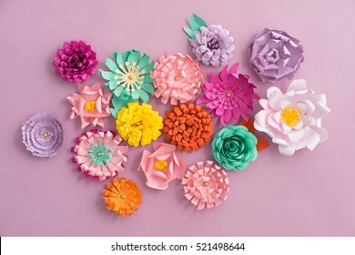 Colourful Handmade Paper Flowers On Pink Background