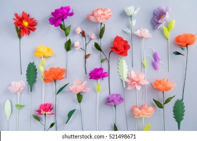 Colourful Handmade Paper Flowers On Light Blue Background