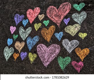 Colourful And Happy Hearts In Pink, Green, Blue, Yellow, Orange In Sidewalk Chalk Kids Art.