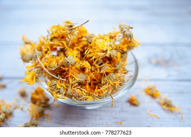 Colourful Herbal Healthy Tea On White Wooden Table Background