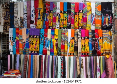 Colourful Kanga Kitenge Fabric Displayed In The Streets Of Stone Town For Sale. 