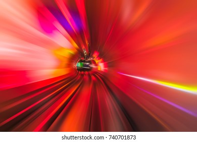 Colourful Light Trails In Train Tunnel Shot In Shanghai,China.