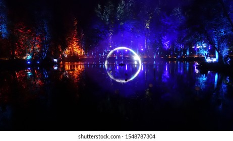 Colourful lights in a forest with abstract lights 