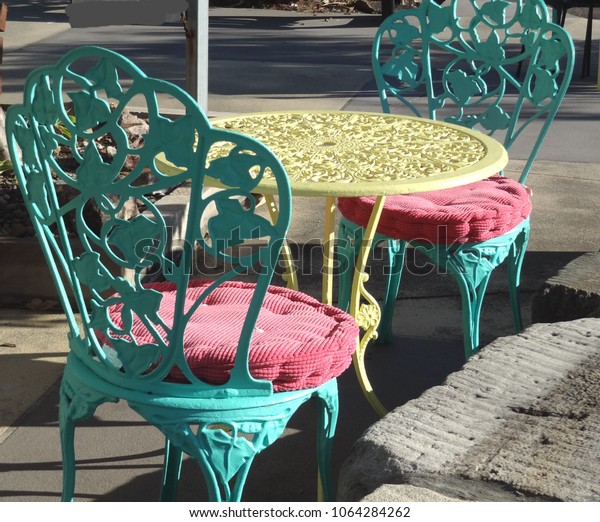 Colourful Old Wrought Iron Chairs Cushions Stock Photo Edit Now