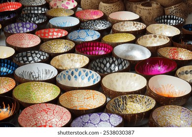 Colourful painted bowls on market stall  - Powered by Shutterstock