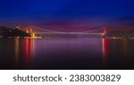 Colourful panoramic view of the Bosphorus at dawn. Rumeli tower and Fatih Sultan Mehmet bridge.  Turkey 