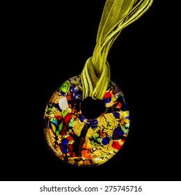 Colourful Patterned, Glass Pendant On Silk String