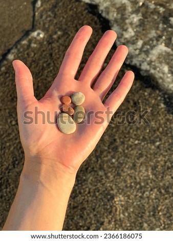 Colourful round wet sea pebbles lying on open palm against sea or ocean waves