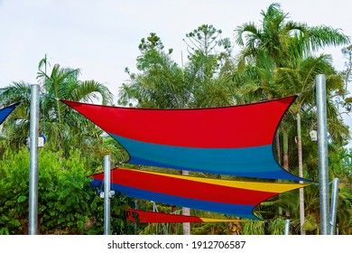 Colourful Sails Covering A Children's Playground To Provide Shade And Keep The Sun Away