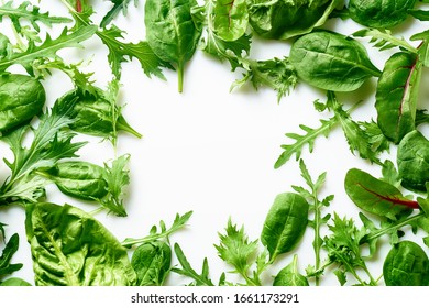 Colourful salad flat design on white background with copy space. Romaine, arugula, spinach and mizuna leaves flatlay. Vegan meal ingredients - Shutterstock ID 1661173291