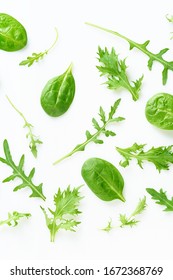 Colourful salad flat design on white background. Romaine, arugula, spinach and mizuna leaves pattern. Vegan meal ingredients - Shutterstock ID 1672368769