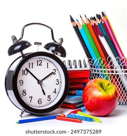 Colourful School Supplies and Alarm Clock on Desk, Featuring Notebooks, Pencils, and Organizers for a Productive and Organized School Year - Powered by Shutterstock