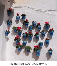 Colourful Spanish flower pots blue with red flowers on a white wall in Spain