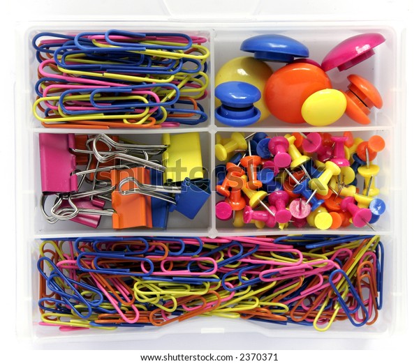 Colourful Stationary Box Paper Clips Pins Stock Photo Edit Now 2370371