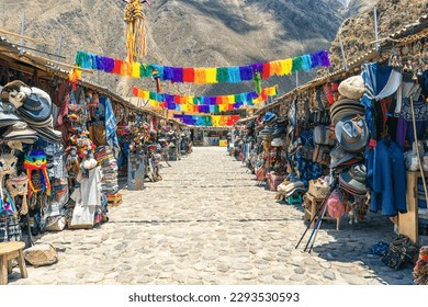 A colourful street in the artisan market in Ollantaytambo near Cusco in Peru