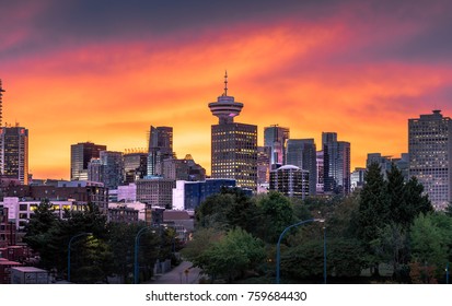 Colourful Sunset Behind The Downtown Vancouver Skyline.