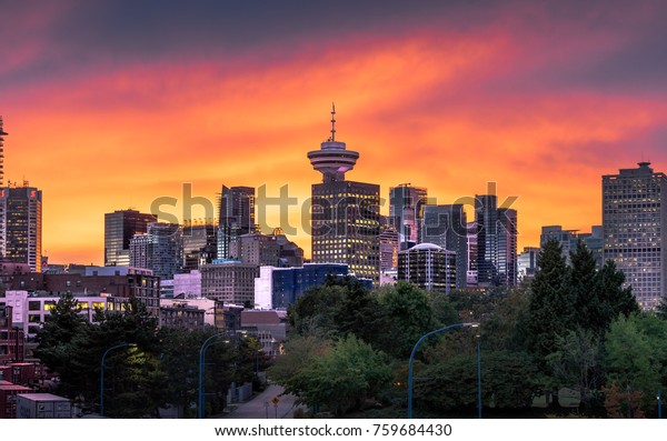 Colourful Sunset Behind Downtown Vancouver Skyline Buildings