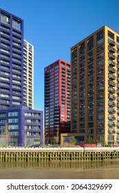 Colourful towers in London City Island residential development in the Leamouth Peninsula, London, UK