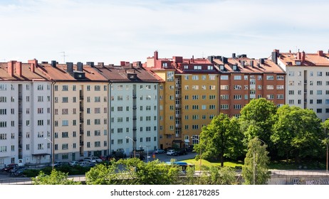Colourful traditional houses on the island of Lilla Essingen in Stockholm, Sweden. 