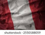 colourful waving flag of peru on the old army khaki texture background. military concept. macro shot