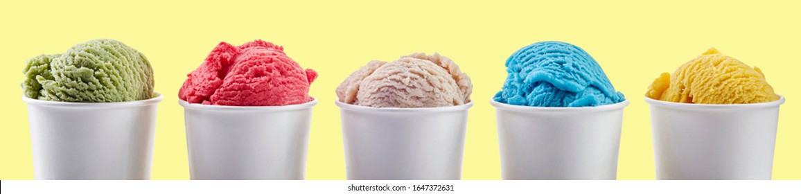 Colourful yellow banner with assorted flavors of creamy ice cream scooped into takeaway tubs for summer dessert