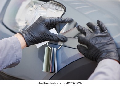 Colourist Man Selecting Color Of Car With Paint Matching Samples