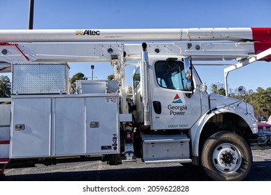 Columbia County, Ga USA - 03 03 21:  Close Up Georgia Power Utility Truck With Air Bucket Lift 