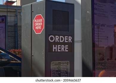 Columbia County, Ga USA - 03 04 21:  McDonalds Drive Thru Order Here Speaker Box 