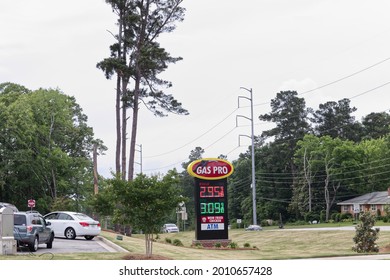 Columbia County, Ga USA - 05 11 21: High Gas Prices At Gas Pro Cars And Digital Street Sign Due To The Colonial Pipeline Hack 