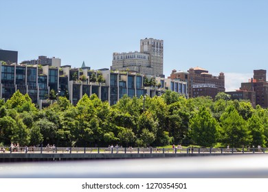 Columbia Heights View And Brooklyn Bridge Park Next To Manhattan, New York City, USA