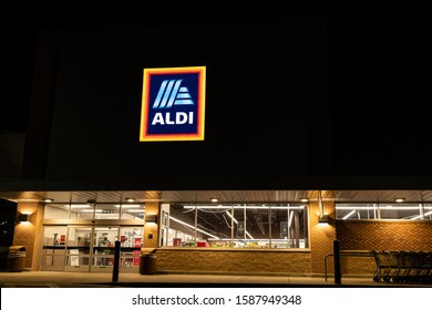 Columbia, MD / USA - Dec 12, 2019:
The facade of Aldi Grocery Store in Columbia at night.