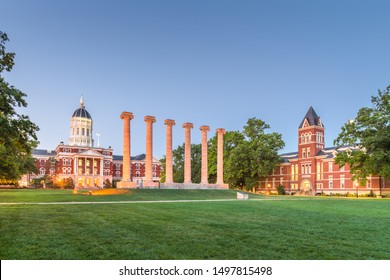 Columbia, Missouri, USA historic columns at twilight.