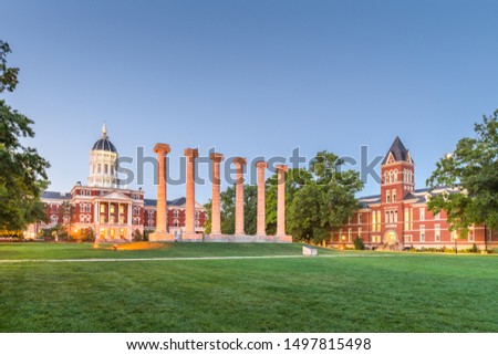 Columbia, Missouri, USA historic columns at twilight.