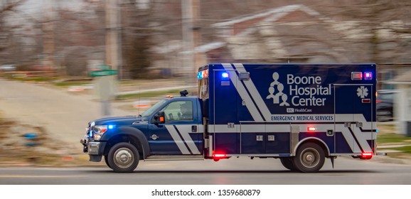 Columbia, MO - March 27, 2019: Ambulance Heading To A Medical Emergency.