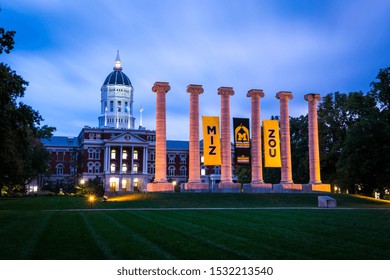 Columbia, MO - October 10, 2019: Mizzou's historic columns, with Jesse Hall inthe background, on the campus of the University of Missouri in Columia. (1713)