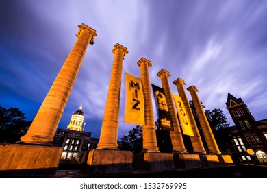 Columbia, MO - October 10, 2019: Mizzou's historic columns, with Jesse Hall inthe background, on the campus of the University of Missouri in Columia. (1726)