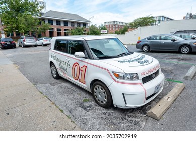 Columbia, MO United States Of America - September 2nd, 2021 : Shakespeare's Pizza Delivery Vehicle, With Painted Decals And Advertising.  Local Pizza Place Delivery Car With Branded Exterior.