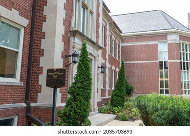 Columbia, MO United States Of America - September 2nd, 2021 : Entrance To Walter Williams Hall On University Of Missouri Campus.  Journalism School, Brick And Stone Building Exterior. 