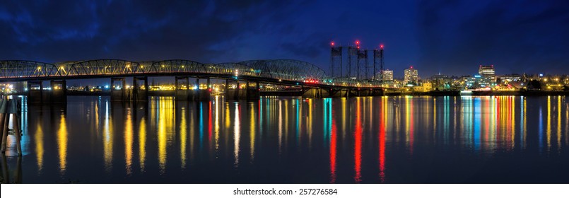 Columbia River Crossing Interstate 5 Bridge From Portland Oregon To Vancouver Washington Skyline View At Night Panorama