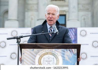 Columbia, South Carolina, USA - January 20, 2020: Presidential hopeful Joe Biden (D) speaks to 
attendees of the the 20th annual "King Day At The Dome" rally held at the S.C. Statehouse