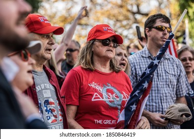 Columbia, South Carolina - USA - November 7, 2020: Trump supporters march around the SC State House in protest of the former Vice President Joe Biden (D) wining the 2020 presidential election.