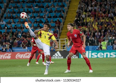 
Columbian striker Carlos Bacca passes the ball, english defender John Stones tries to stop him. World Cup 2018 match England-Columbia. Spartak stadium, Moscow. July 3rd 2018. 