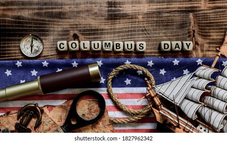 Columbus Day background. Map and discovery of old equipment. Exploration and history of America in October.