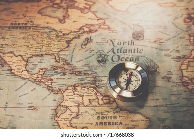 Columbus Day And World Map With Compass