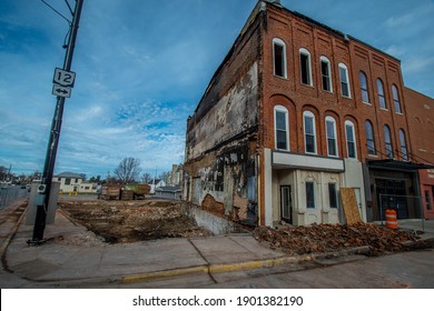 Columbus Grove, OH, December 23, 2020, Empty Vacant Lot From Where Vintage Victorian Era Store Front Building Burned Down On Main Street