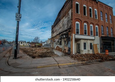 Columbus Grove, OH, December 23, 2020, Empty Vacant Lot From Where Vintage Victorian Era Store Front Building Burned Down On Main Street