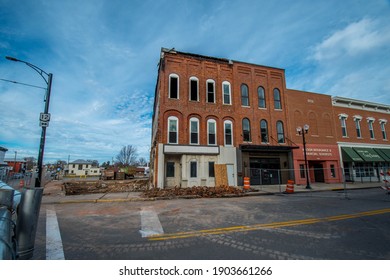 Columbus Grove, OH, December 23, 2020, Empty Vacant Lot From Where Vintage Victorian Era Store Front Building Burned Down On Main Street