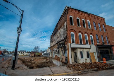 Columbus Grove, OH, December 23, 2020, Empty Vacant Lot From Where Vintage Victorian Era Store Front Building Burned Down On Main Street