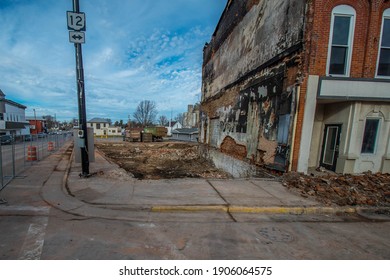 Columbus Grove, OH, December 23, 2020, Empty Vacant Lot From Where Vintage Victorian Era Store Front Building Burned Down On Main Street