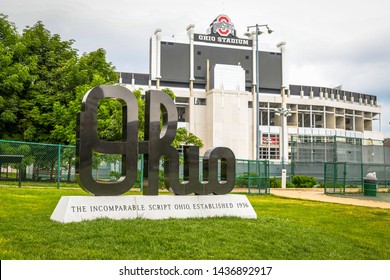 Columbus, OH - 6/20/19: A Monument To The Ohio State Marching Band's Script Ohio Stands Behind The Stadium